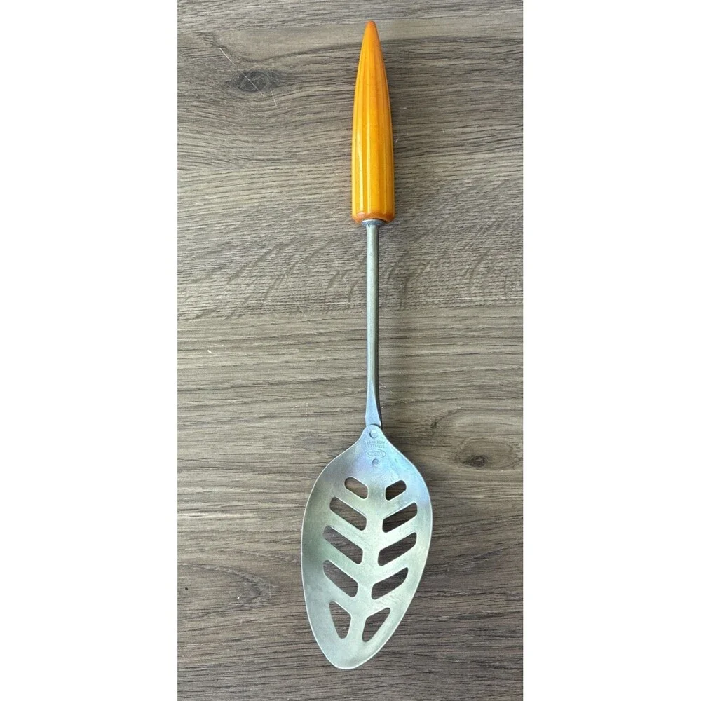 Vtg Androck Slotted Serving Spoon, Catalin Bullet Handle Stainless, USA, 1930s